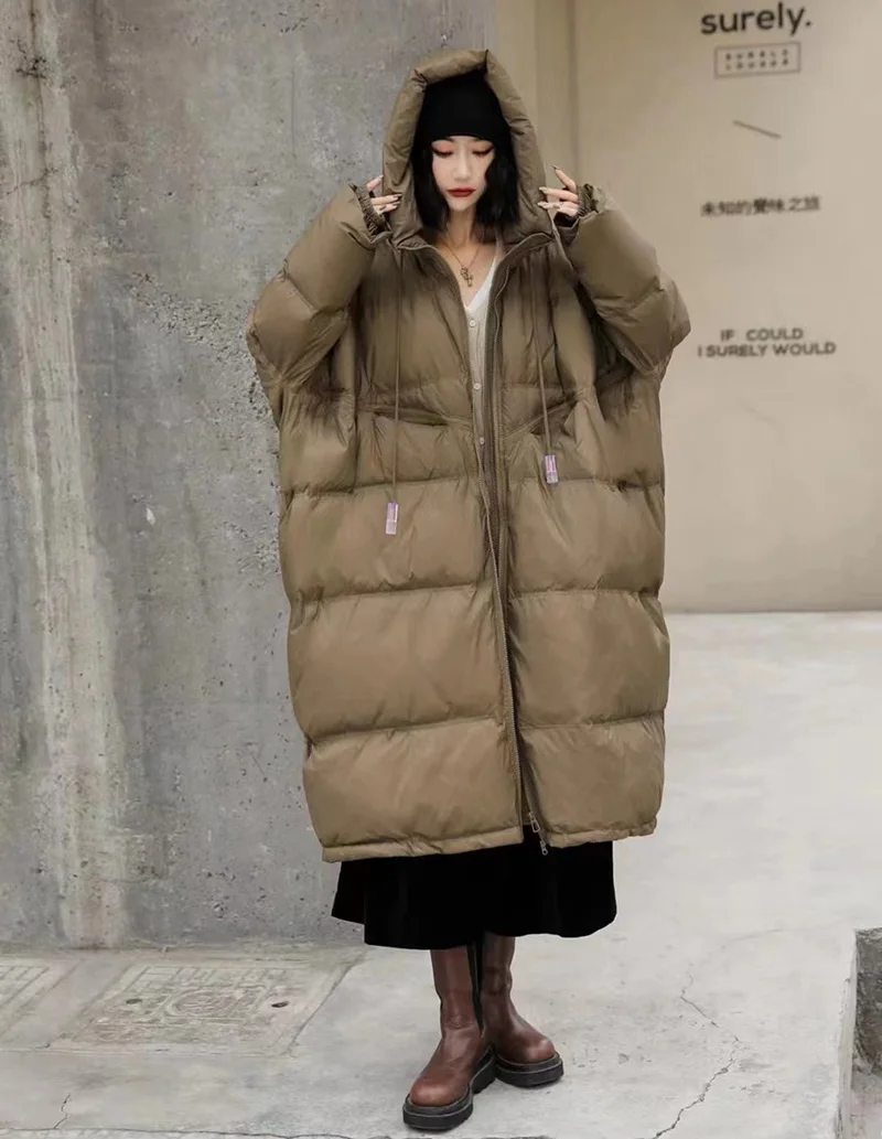 Schinteon Women White Duck Down Jacket with Hood Autumn Winter Warm Long Outwear Over Size Loose Coat 2026 New