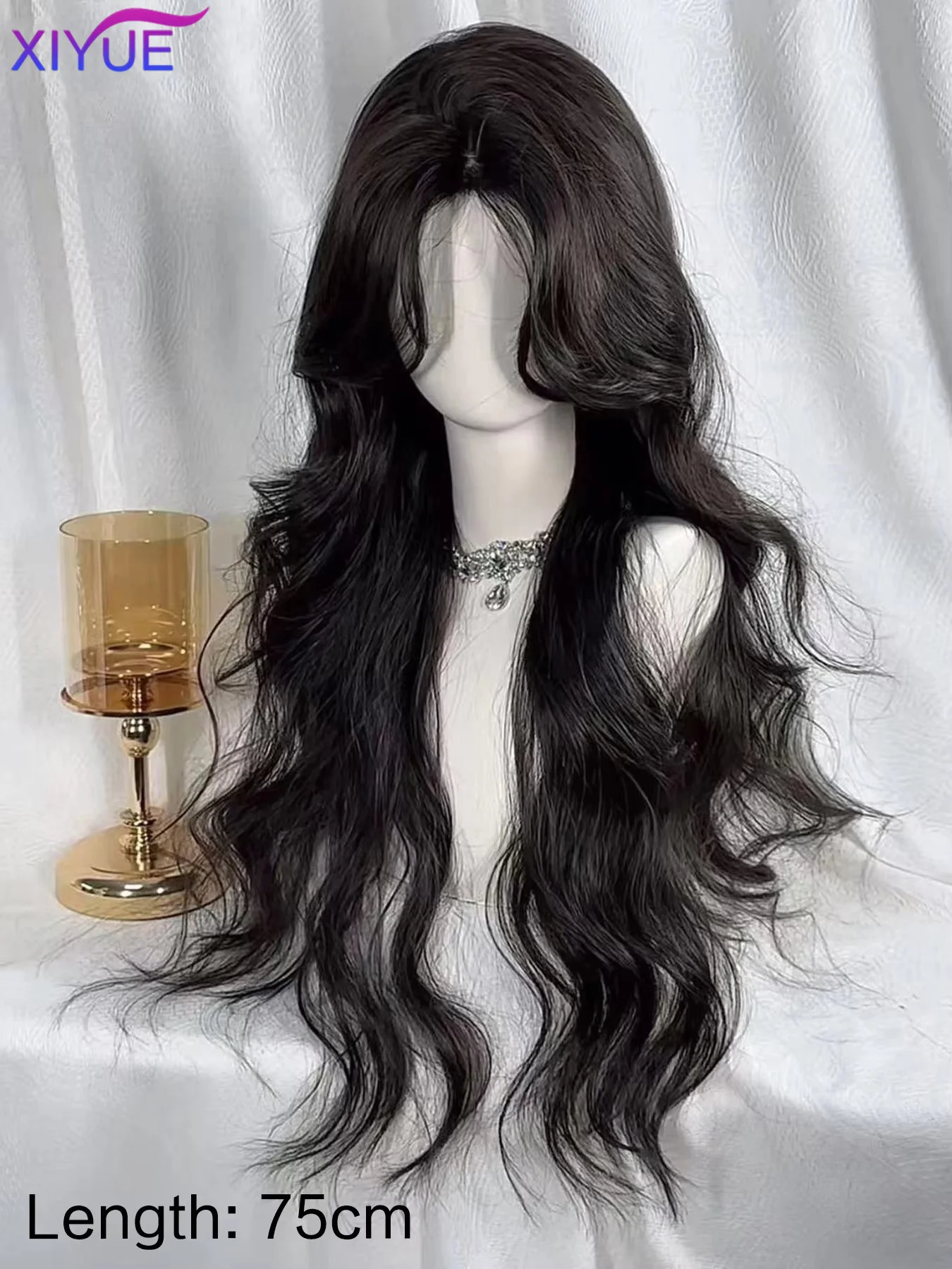 XIYUE 75 cm superlange schwarze gewellte synthetische Perücken mit Pony für Frauen, Afro Dark Water Wave, Cosplay, Naturhaar-Perücke, hitzebeständig