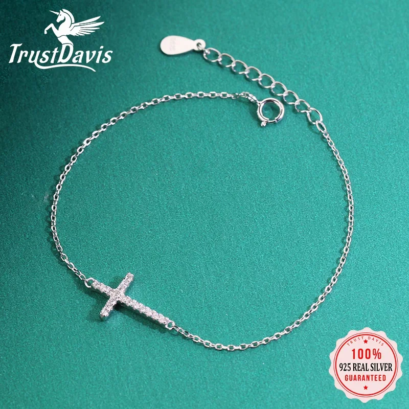 

Trustdavis Real 925 Sterling Silver Fashion Sweet Simple Cross Dazzling CZ Bracelet For Women Wedding Party Fine Jewelry DA1390