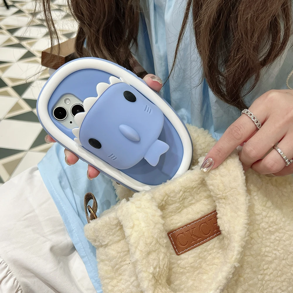 Luxury 3D Shark Cartoon Baby Slipper Silicone Case for iPhone 15 14 13 12 Phone Cover Shockproof Stand Holder Coque Skin Funda