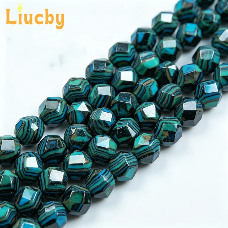 Blaue, gelbe, schwarze, facettierte runde Malachit-Edelsteinperlen, lose Perlen für die Schmuckherstellung, DIY-Armband-, Halsketten- und Ohrringzubehör. – Detail 5