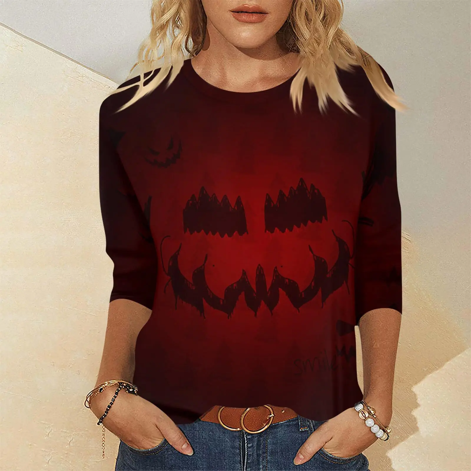 Halloween 2024 Amazon Europe And America Hot Selling Round Neck Seven Quarter Sleeve T-Shirt Women's Summer Top WholesaleWA21