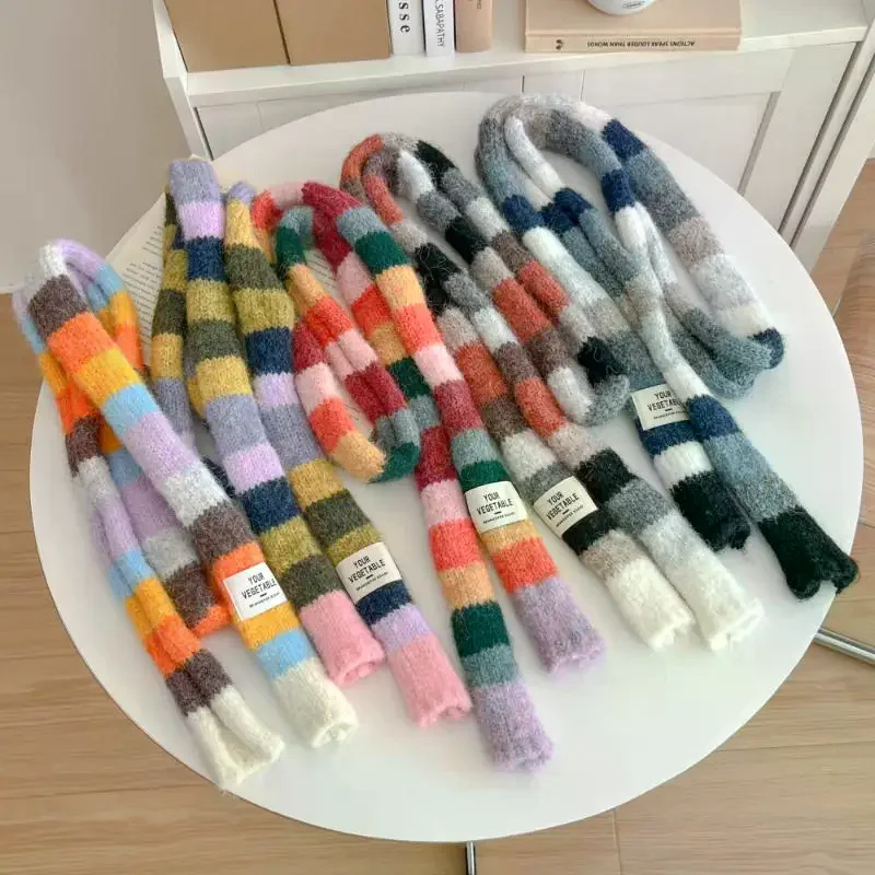 

Длинный красочный полосатый женский тонкий узкий шарф, осенне-зимний новый дизайн, универсальный декоративный шарф для горячих девушек