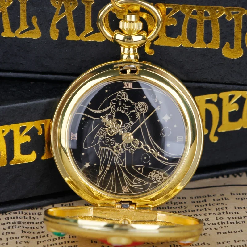 

SHUHNAG 10pcs/lot Hot Wholesale Exquisite Moon Anime Quartz Pocket Watch with Gemstone Classic Dial Girl Clock Pendant Kids Gift