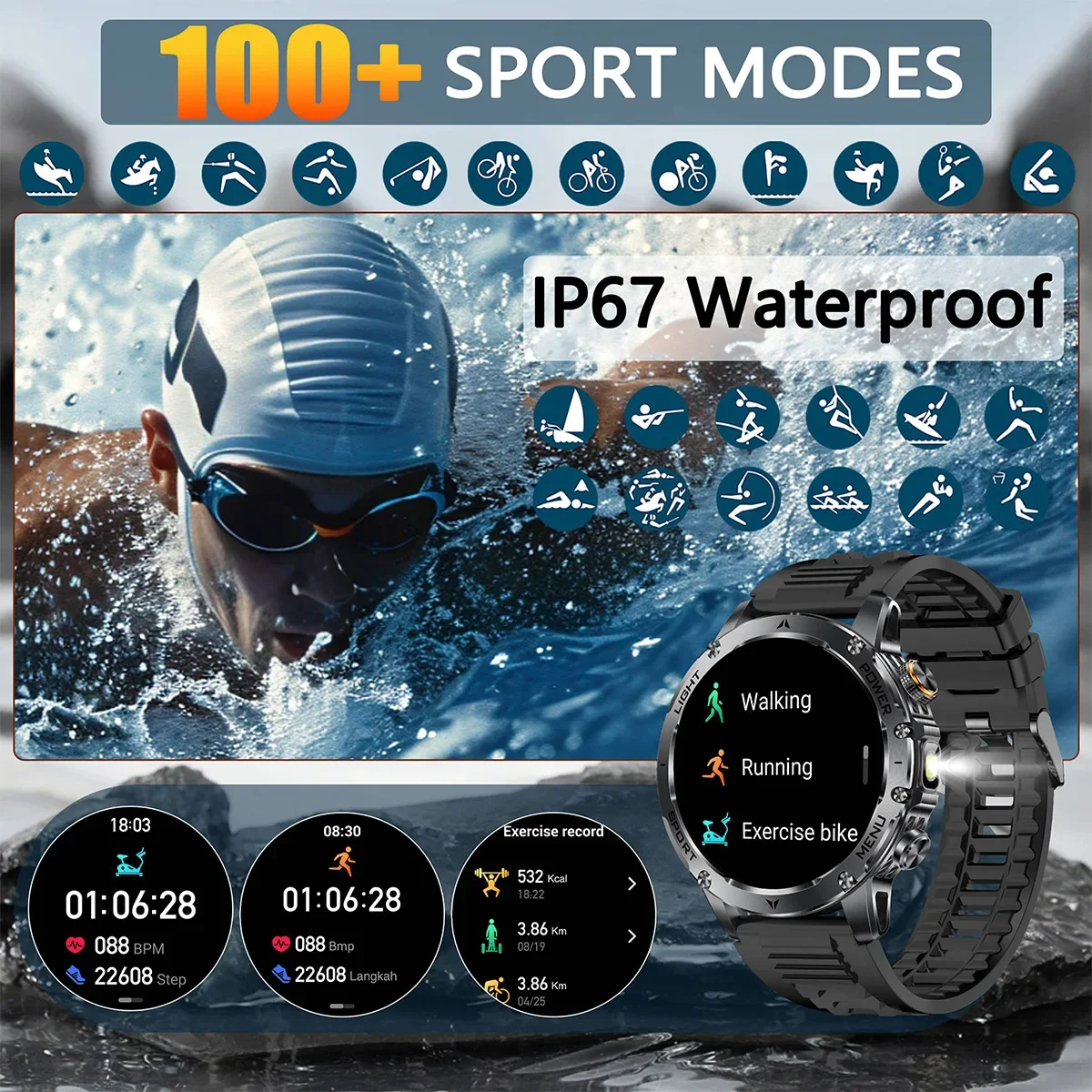 KPEP AK87 Men Military Smart Watch 1000mAh Large Battery LED Flashlight 100+ Sports Modes Fitness answer/dial phone Smartwatch