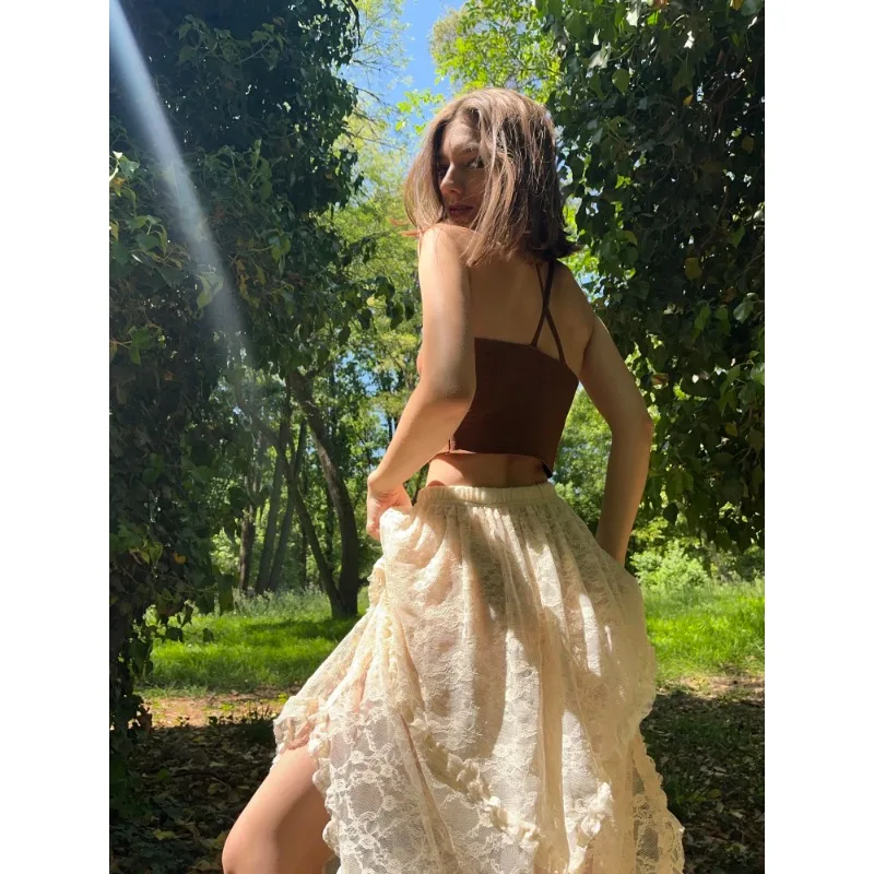 

2000s Vintage Y2k Lace Skirts Female Summer Clothing Soft Streetwear Asymmetrical Skirts Trendy Korean Style Loose Ladies Party