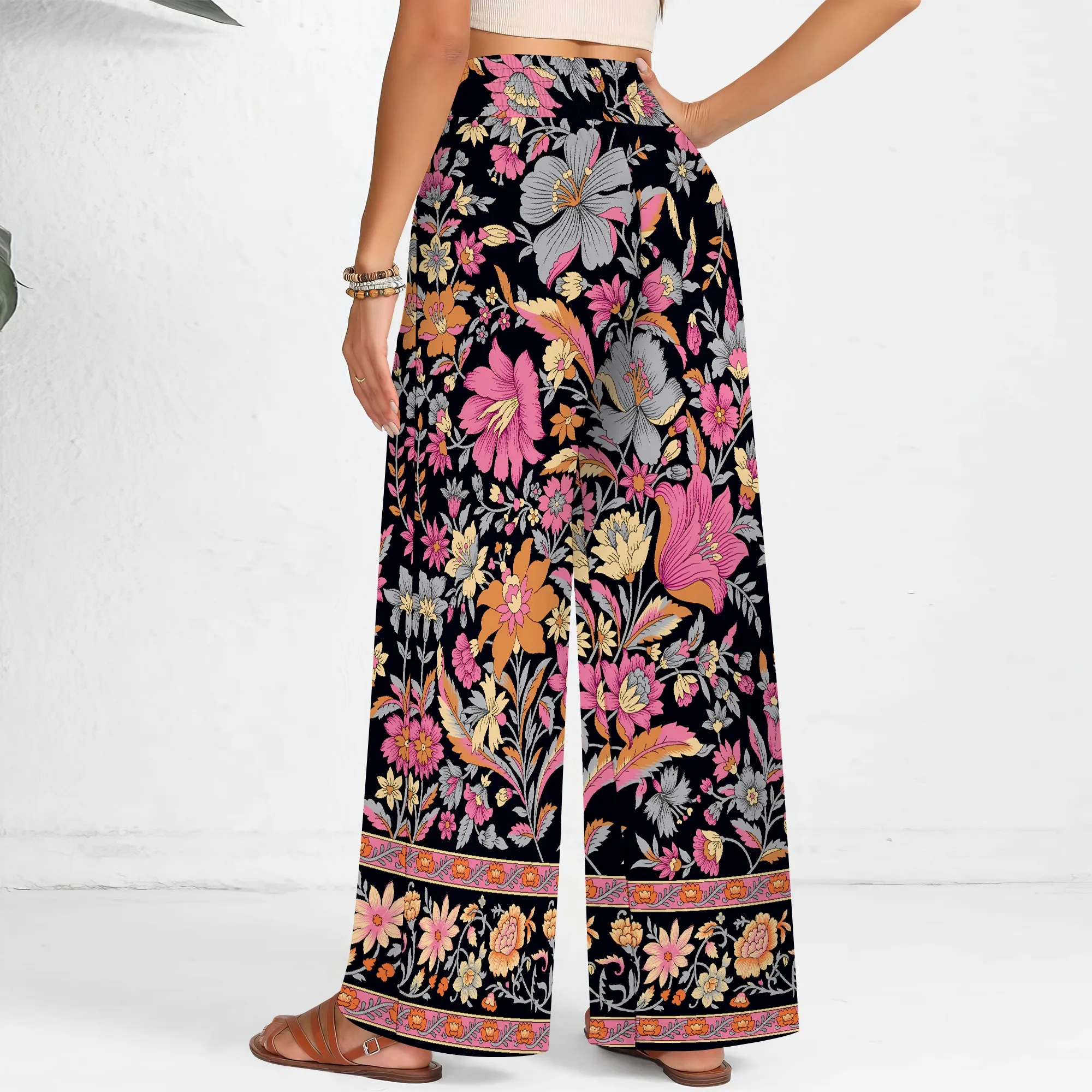 Nupusa Floral Print Pants for Women Standard Size Summer Casual High - Waist Wide Leg Pants