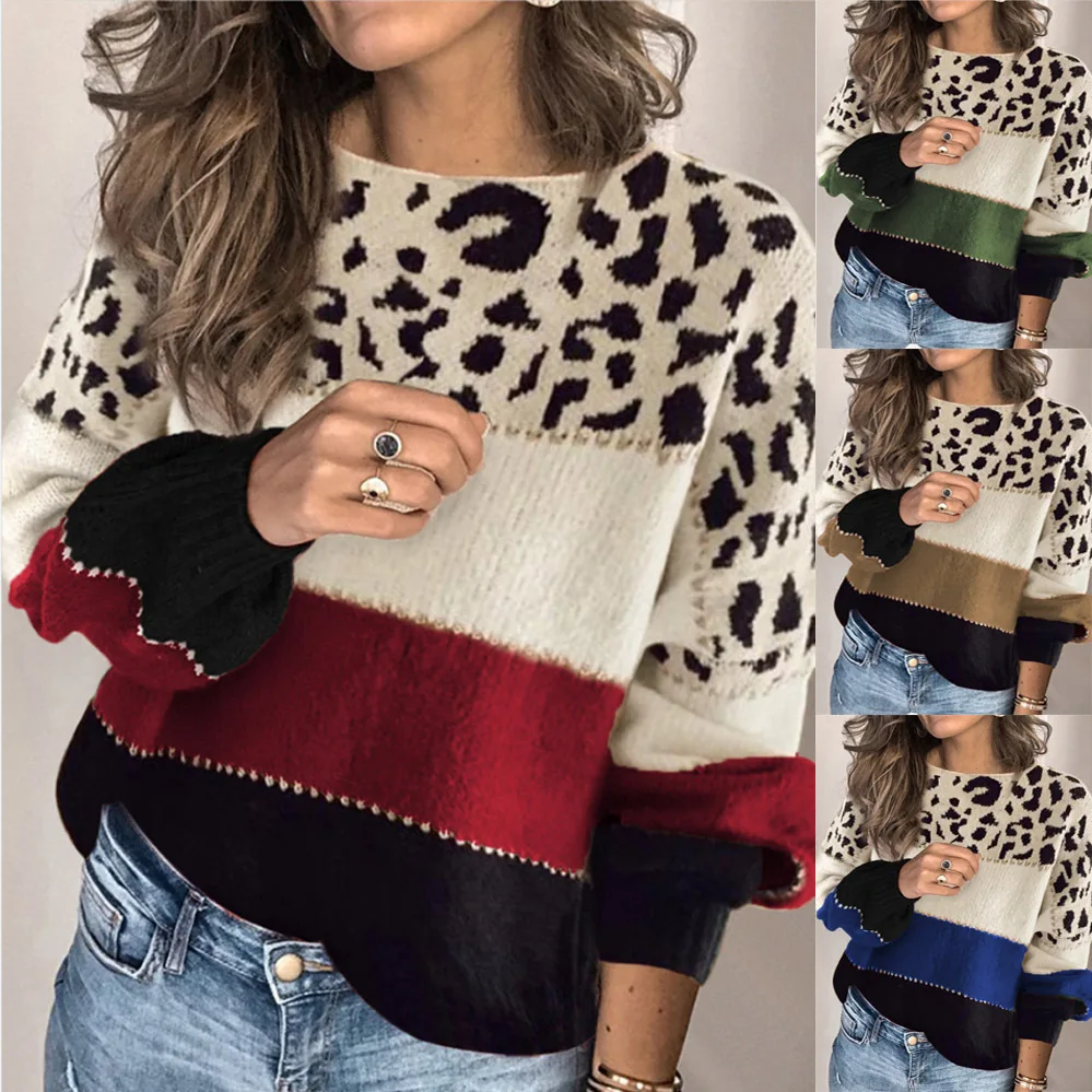 2024 Autumn Winter Women Knitted Sweater Elegant Fashion Contrast Color Long Sleeve O Neck Loose Sweater Female Leopard Pullover