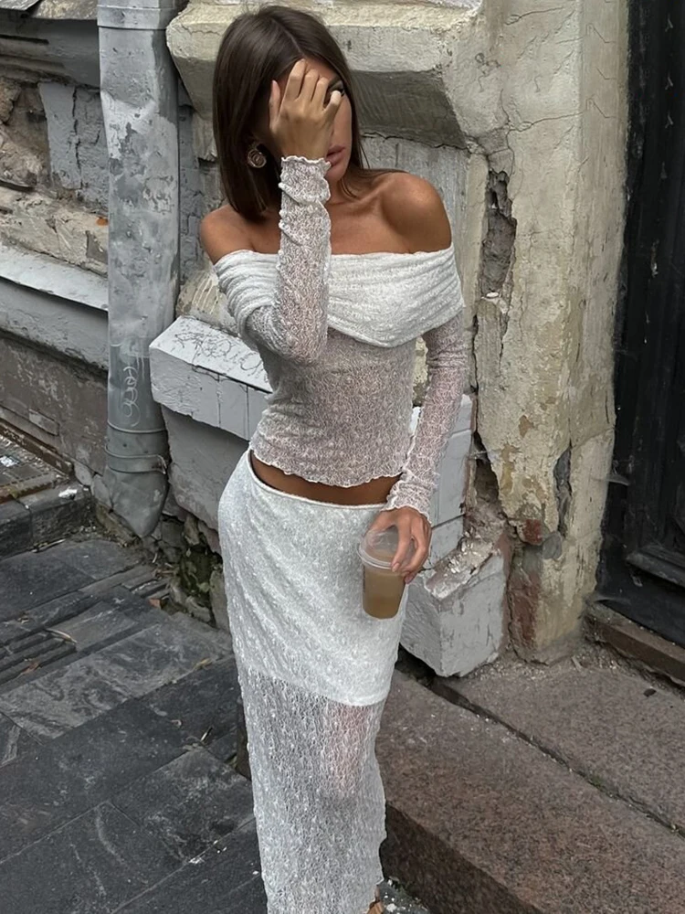 

JULISSA MO Sexy See Through Off Shoulder Lace Women Skirt Suit Long Sleeve T-shirt Print Skirt Autumn New Elegant Two Piece Sets