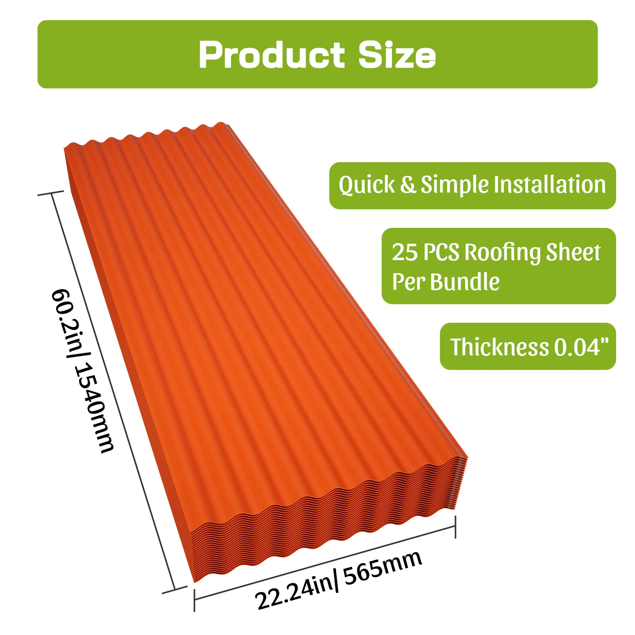 25 Pcs 0.04 inch Corrugated Roof Panels Easy Screw Assembly Weatherproof UV Resistant Orange for Shed Garage Patio