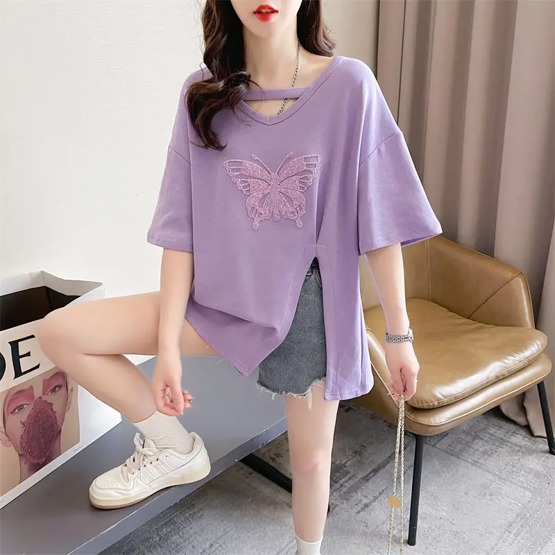 

DAYIFUN-Women's Short Sleeve T-shirts Irregular Split V-neck Mid Length Korean Loose Large Size Casual Half-Sleeved Tops Summer