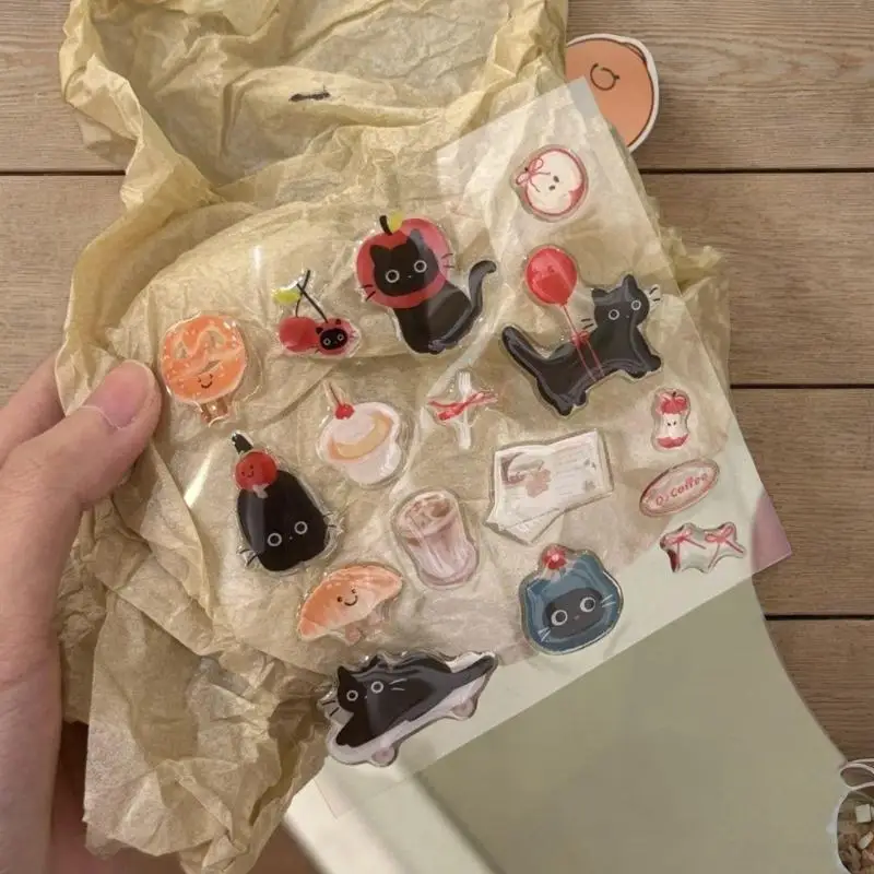 

One Sheet 3D Cute Black Cat Cartoon Epoxy Resin Decals; Jelly Relief Sticker Transparent for DIY INS Tablet Decor