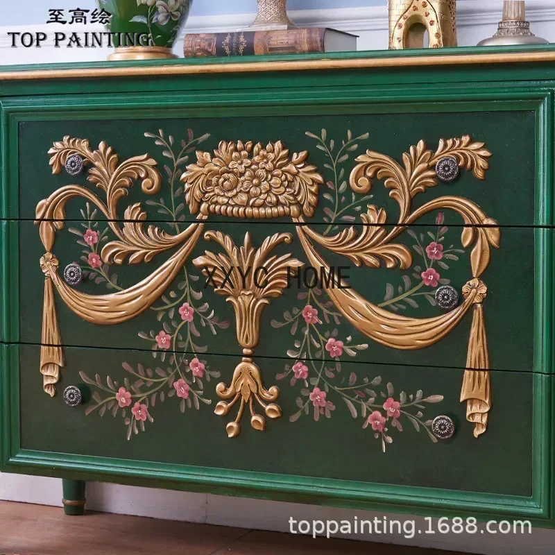 Entrance Cabinet Carved Three-Bucket Cabinet Living Room Curio Cabinet Locker Golden Emerald
