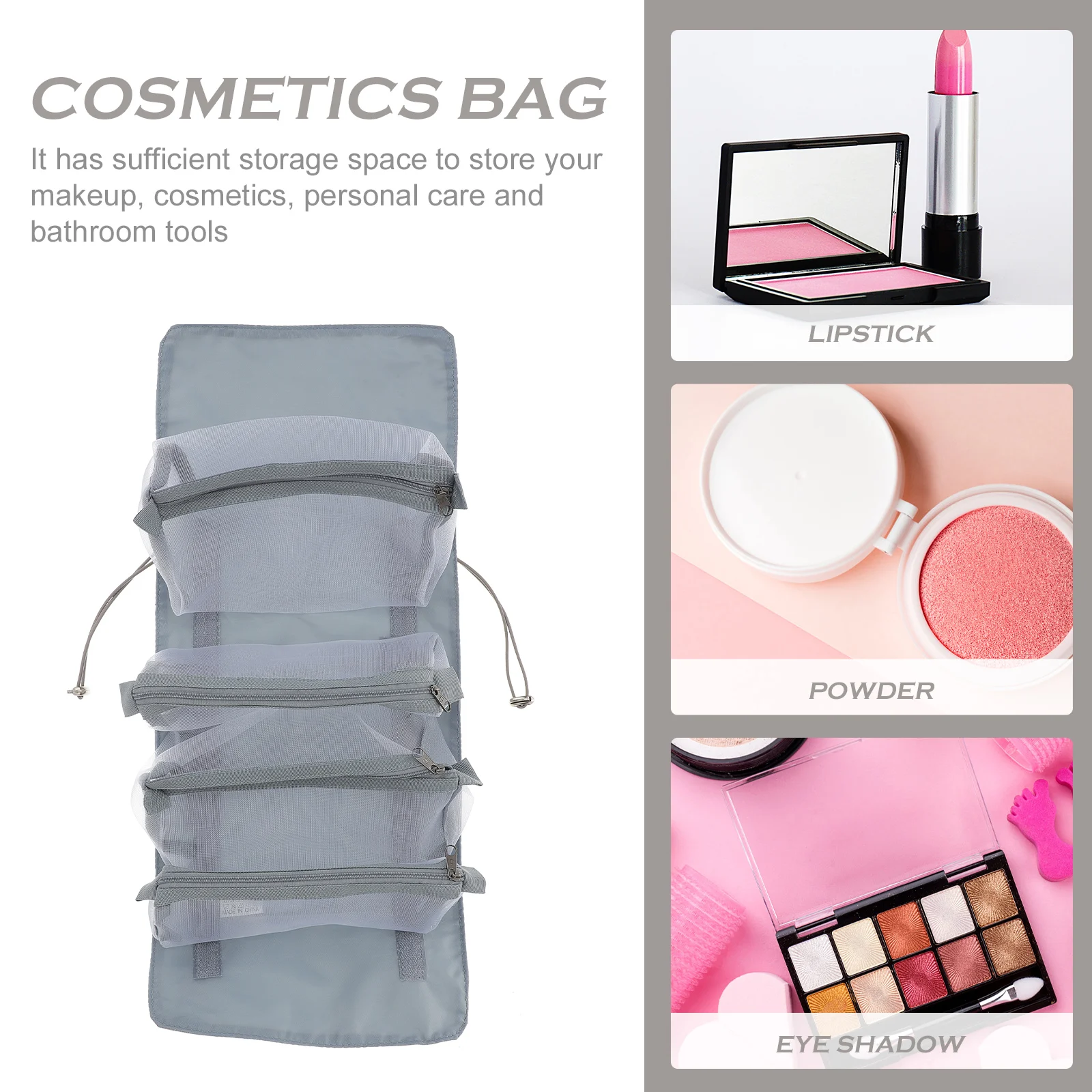 

Foldable 4-in-1 Detachable Toiletry Bag Large Capacity Roll-Up Makeup Pouch PU Material Easy Carry Adjustable Strap