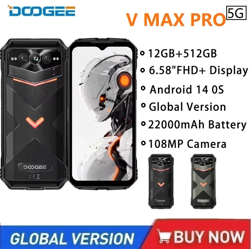 DOOGEE V Max Pro 5G wytrzymały smartfon Android 14 6,58 ", 12 GB + 512 GB 100 MP kamera AI 22000 mAh 33 W 120 Hz wymiar 7050 MAX telefon