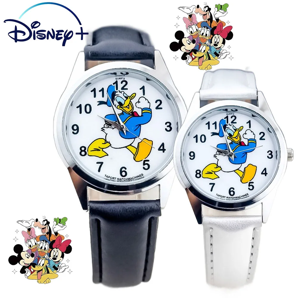 

Часы Disney с циферблатом Дональда Дака, детские часы, цветной кожаный ремешок, дополнительные детские часы со стеклянным циферблатом, подарок для ребенка