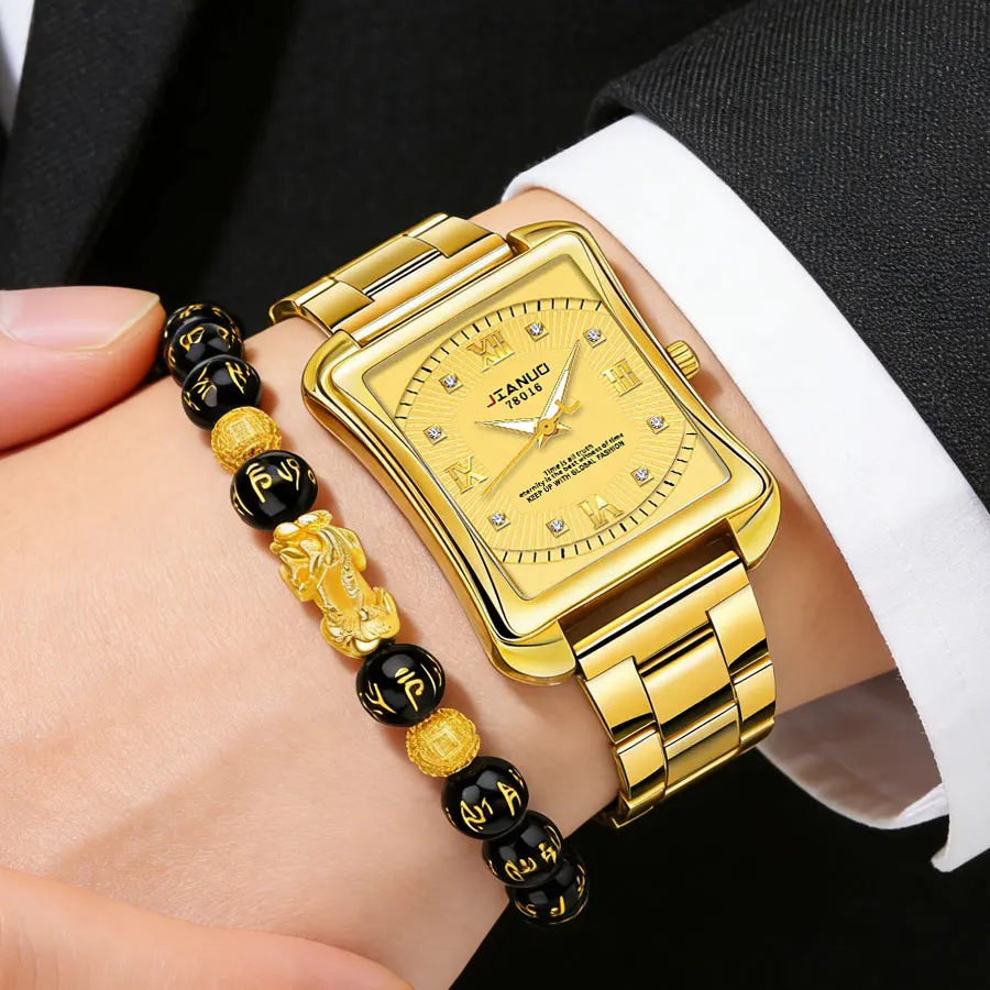Fashion Business Men's Steel Band Watch Large Square Gold Roman Scale Diamond-Set Luxury 2-Piece Men's Quartz Watch