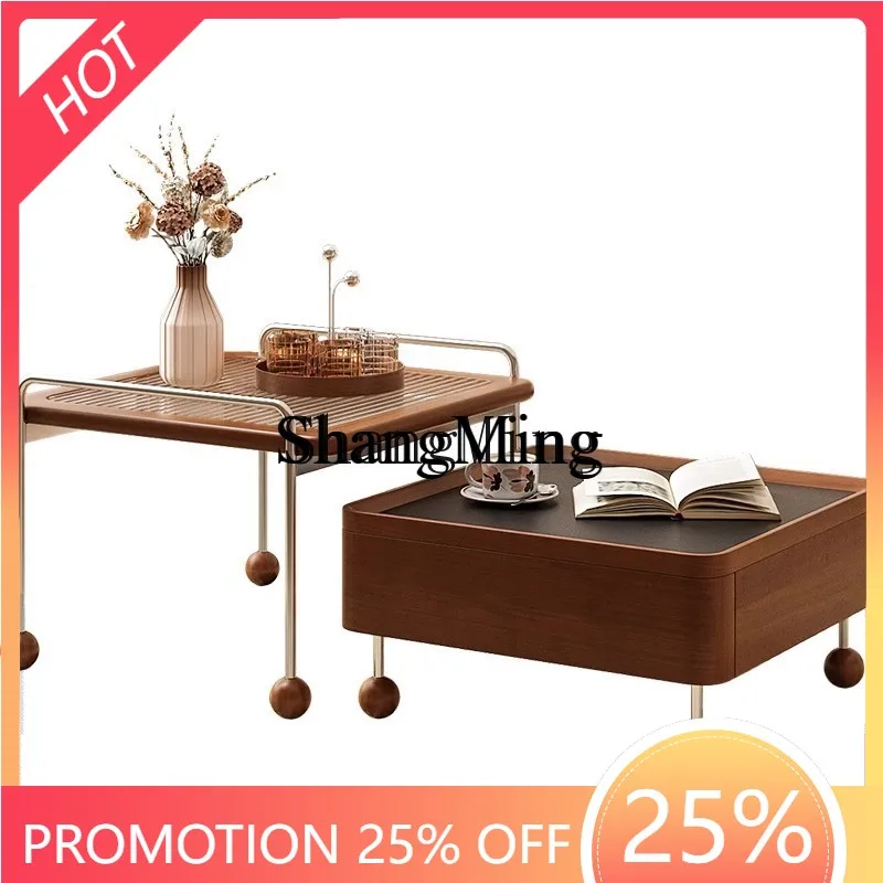 

ZYY fashion retro combination coffee table living room small apartment solid wood rock slab tea table storage retractable