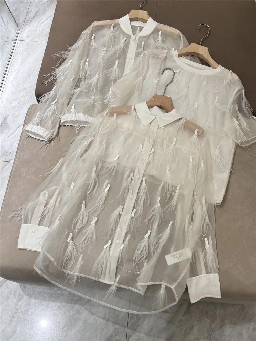 

Summer 2025 Women's Silk Feather Beaded Series Long Sleeve Shirt/Round Neck Short Sleeve/Baseball Neck Cardigan Jacket