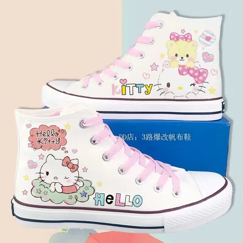 Sanrio Kitty Lolita Shoes High Top Canvas Shoes for Women Hello Kitty Printed Student Casual Flat Sneakers 2024 New Women Shoes