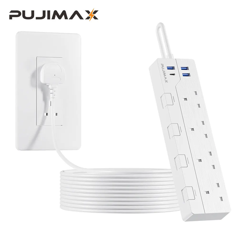 PUJIMAX Power Strip Electric Socket UK 3250W With 3USB 1TypeC Overload Protection Extension Cable 1.5M Electrical Sockets