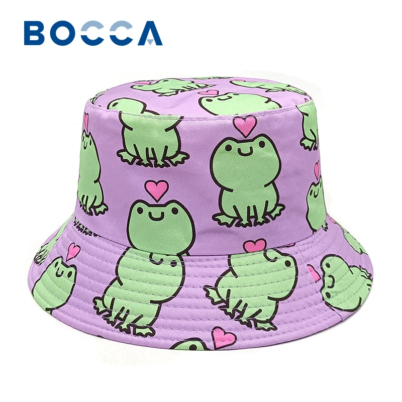 Bocca Cartoon Frog Printing Bucket Hat For Men Women Unisex Fisherman Hat Double Sides Panama Cap Cute Pattern Summer New Style