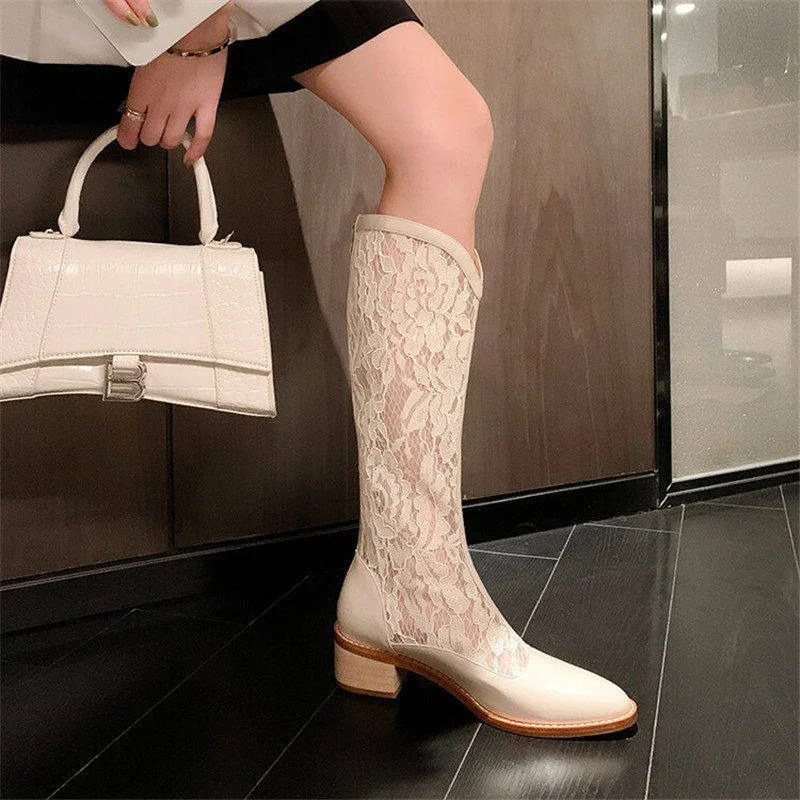 

Women Summer Cool Boots French Style Temperament Lace Mesh Boots Breathable Hollow Out Mid-calf Boot Thick Heel Women Cool Boots