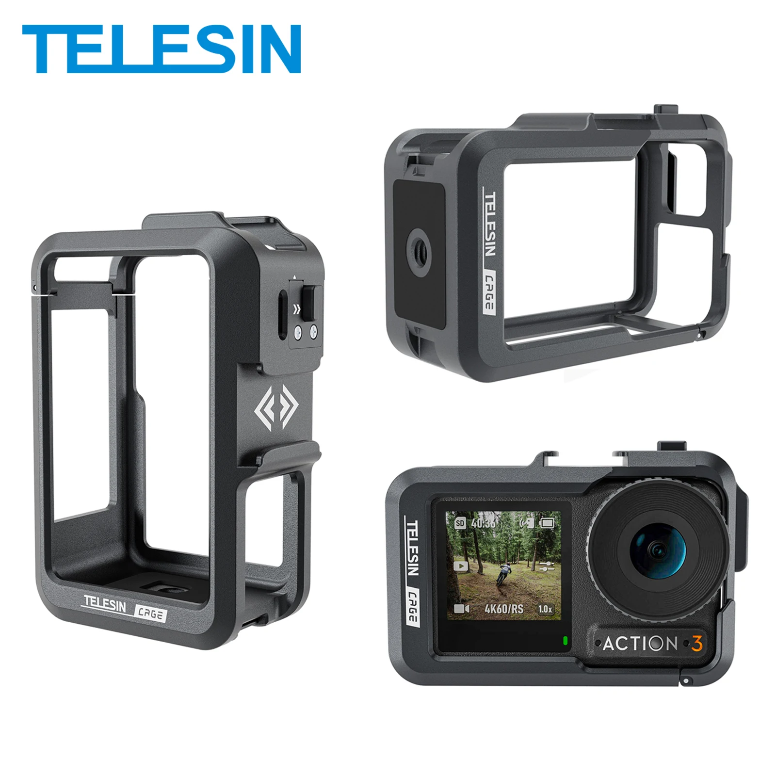 TELESIN – boîtier de cadre en alliage d'aluminium pour DJI ACTION 4 3, Cage métallique, support à dégagement rapide avec chaussure froide, cadre de protection complet