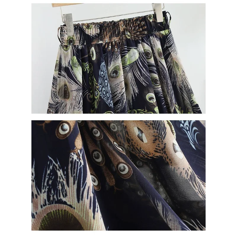 Women's Peacock Feather Print High Waist Pleated Midi Skirt Casual Summer Skirt