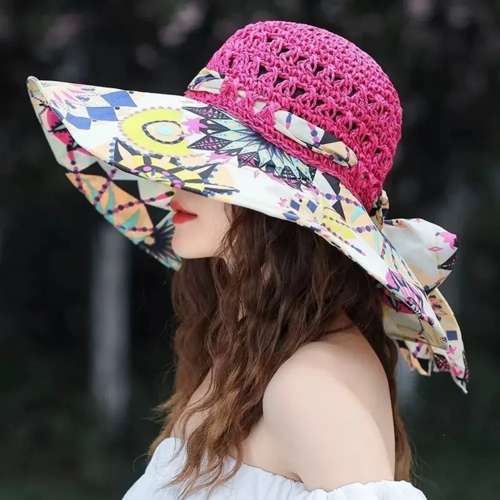 Ethnischer Stil, großer Strohhut mit breiter Krempe, exquisite Blumen, faltbarer Strandhut, UV-Schutz, atmungsaktiver Sonnenschutzhut für den Sommer – Detail 9