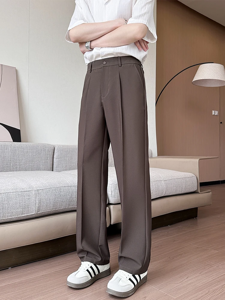 

Korean Sle Summer Straight Leg Casual Men's Trousers Pure Color Drapey Faion Design Long Length West Pants