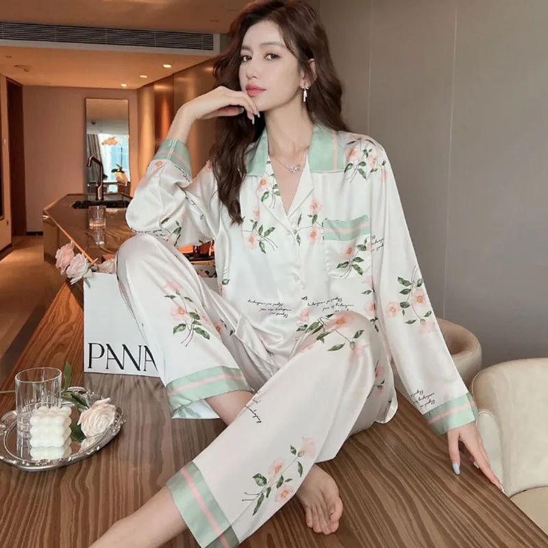 Long Sleeve Trousers Spring New Pajamas Women Ice Silk Thin Homewear Suit Female Fashion Casual Comfortable Nightclothes Sets