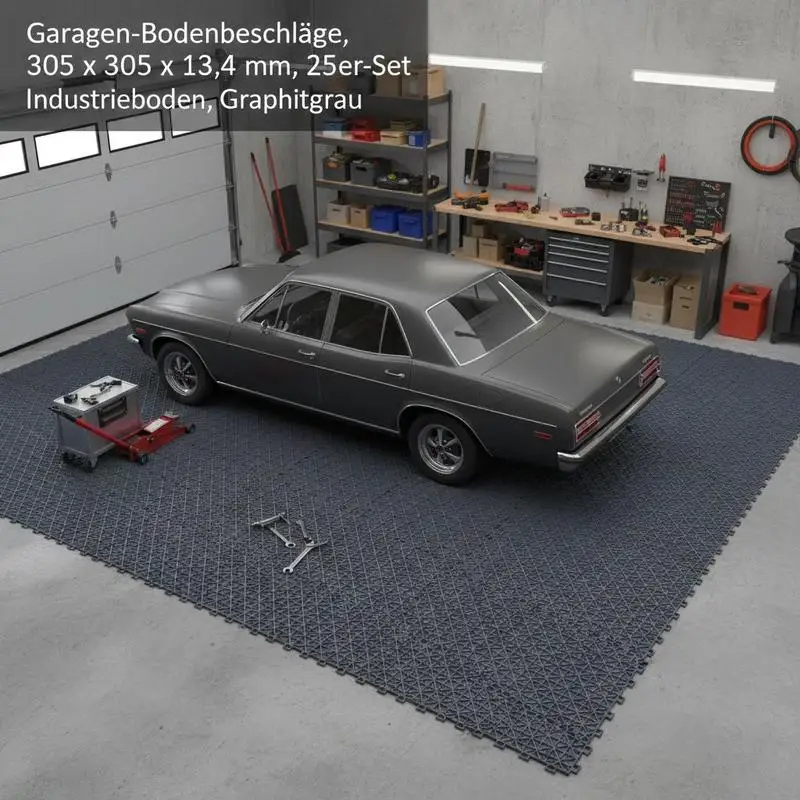 Ineinandergreifende Garagenfliesen, 25er-Set, Garagenbodenbelag aus PP, 305 x 305 x 13,4 mm, doppelseitig strukturiert, rutschfest, für Garagen, Keller, Reparaturwerkstätten, grau-graphitfarben