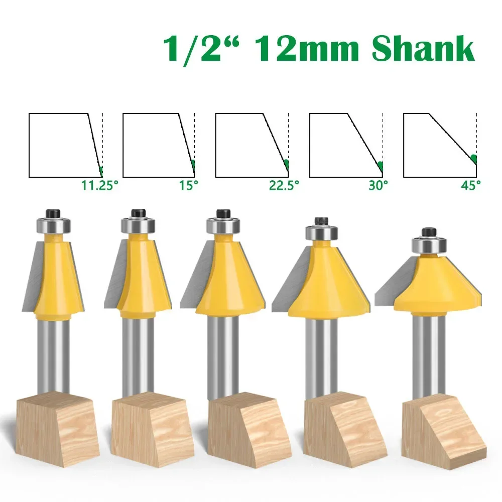 5 PCS 1/2" 12MM Shank 11.25 15 22.5 30 45 Degree Chamfer & Bevel Edging Router Bit Two Flute Woodworking Milling Cutting Bits
