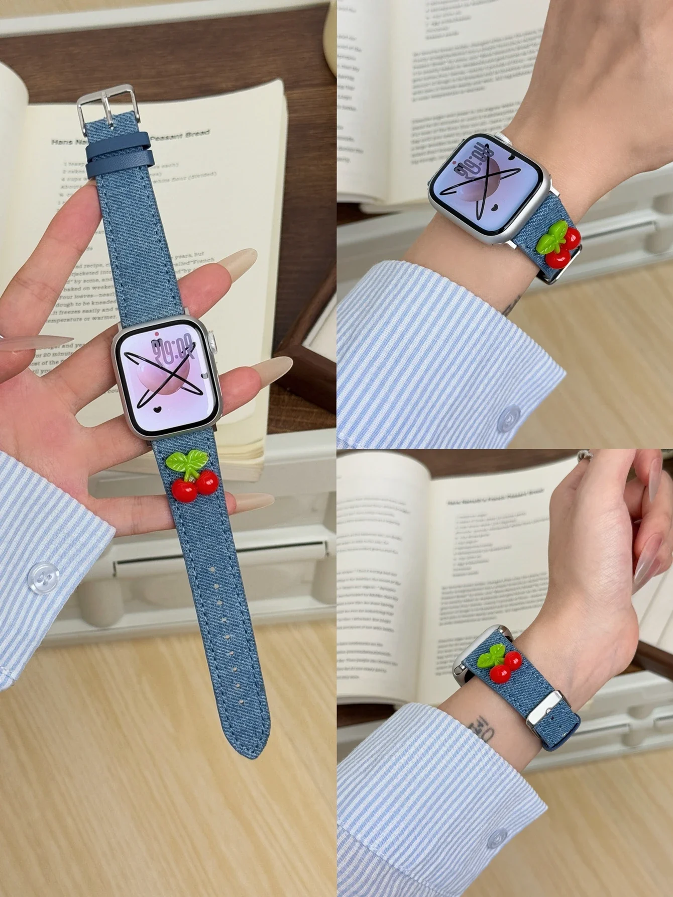 Fashion Cherry Denim Leather loop Correa For Apple Watch band Series 10/9/8/7/6/5 38mm 40mm 41mm 42mm 44mm 45mm 46mm 49mm Strap