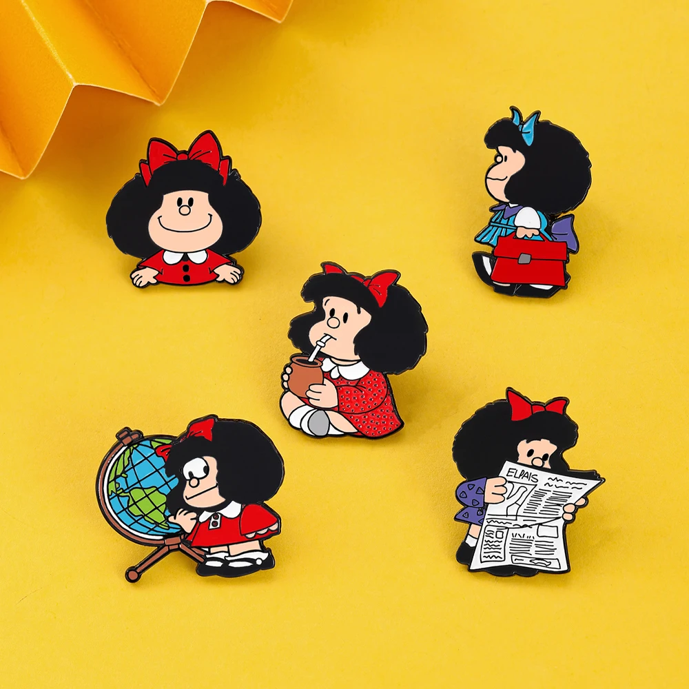 5 broches de anime de Mafalda, bonitos pines de esmalte de dibujos animados, insignias de metal, accesorios para mochilas, ropa, joyería, regalo
