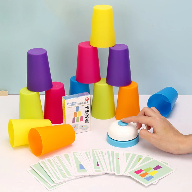 Torre de apilamiento divertida para niños, juego de mesa con campana de tarjeta, cognición de Color, entrenamiento lógico, juguete de entrenamiento mental