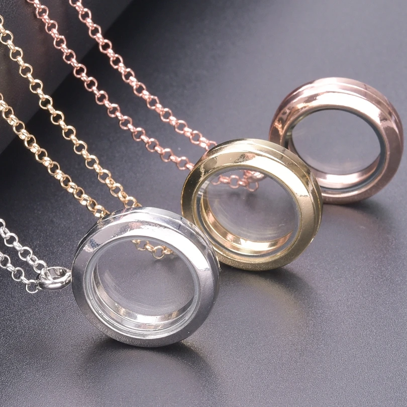 1Pc 25mm Round Floating Relicario Locket Pendant Necklaces For Women Jewelry Making Simple Glass Photo Memorial Chain Collares