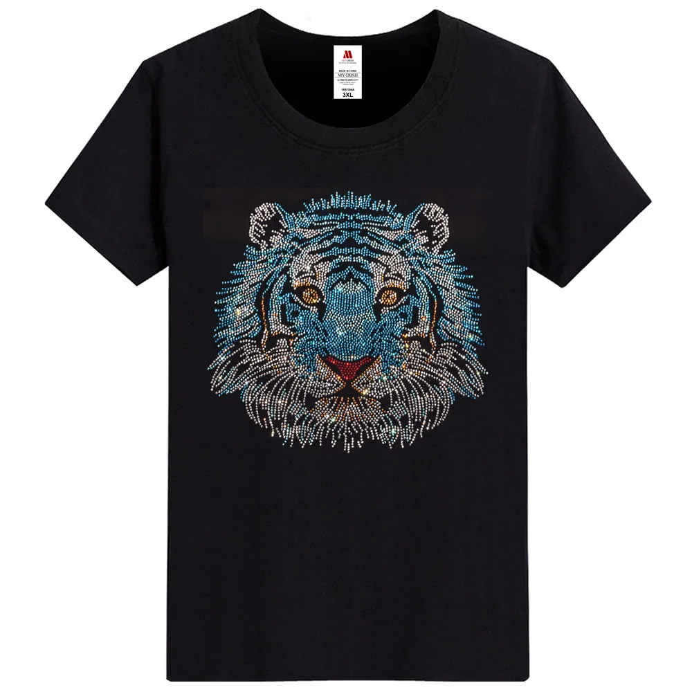 Men\'s Brilliant Tiger Diamond T-Shirt For Men Cotton Short Sleeve Rhinestone 3D Print T Shirts Tops Tee Fashion Man Clothes