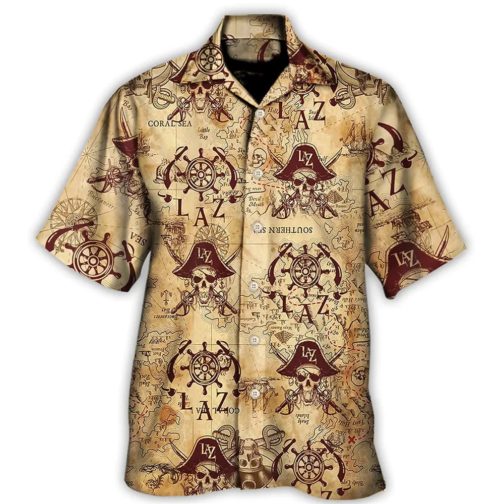 Camisas Vintage con estampado de pirata 3d para hombre, camisa informal de manga corta, camisa deportiva de gran tamaño, Tops con cuello cubano,