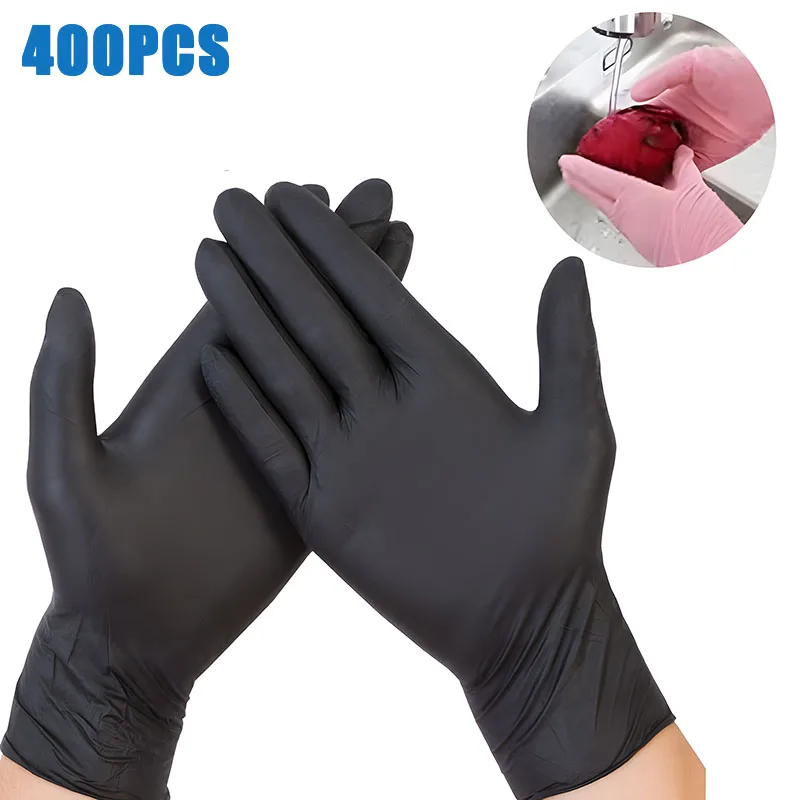 400PCS Disposable Gloves Food Grade Kitchen Catering Lab Thickened Durable 9 Inch Nitrile Rubber Black Gloves Waterproof Gloves