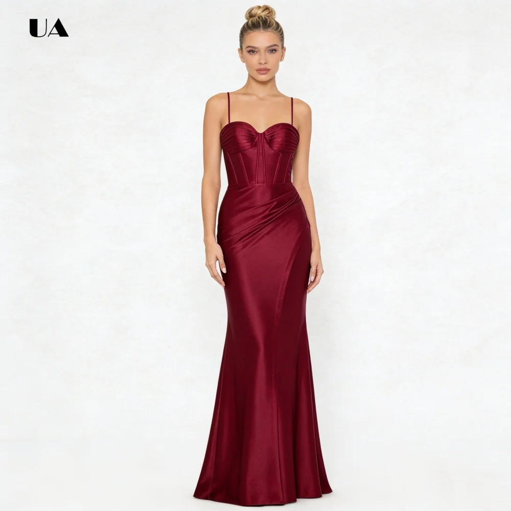 Vestido de fiesta de sirena simple con correa de espagueti, vestido de noche de satén plisado liso, vestido de fiesta personalizado con cuello de corazón