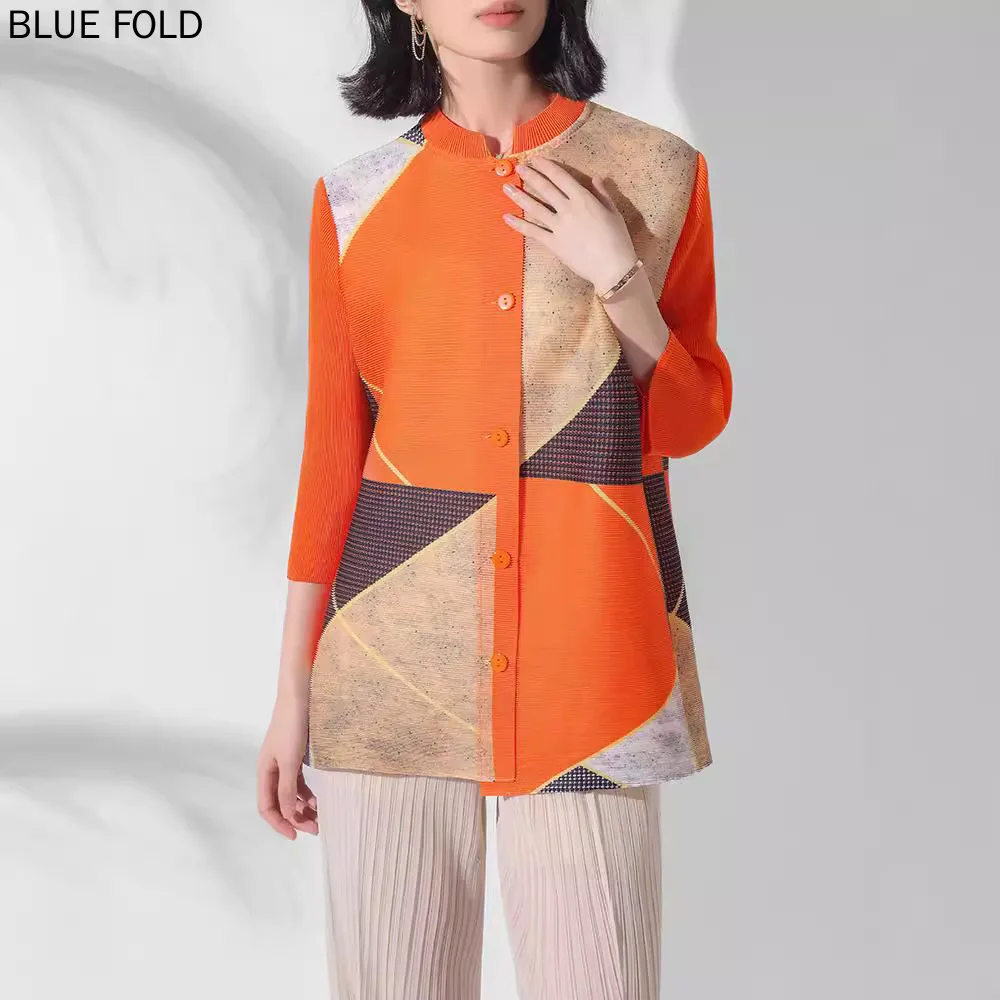 MIYAKE Pleated Tops Spring and Autumn Fashion All-match Cardigan Three-quarter Sleeve Short Coat Single-breasted Women's Clothin