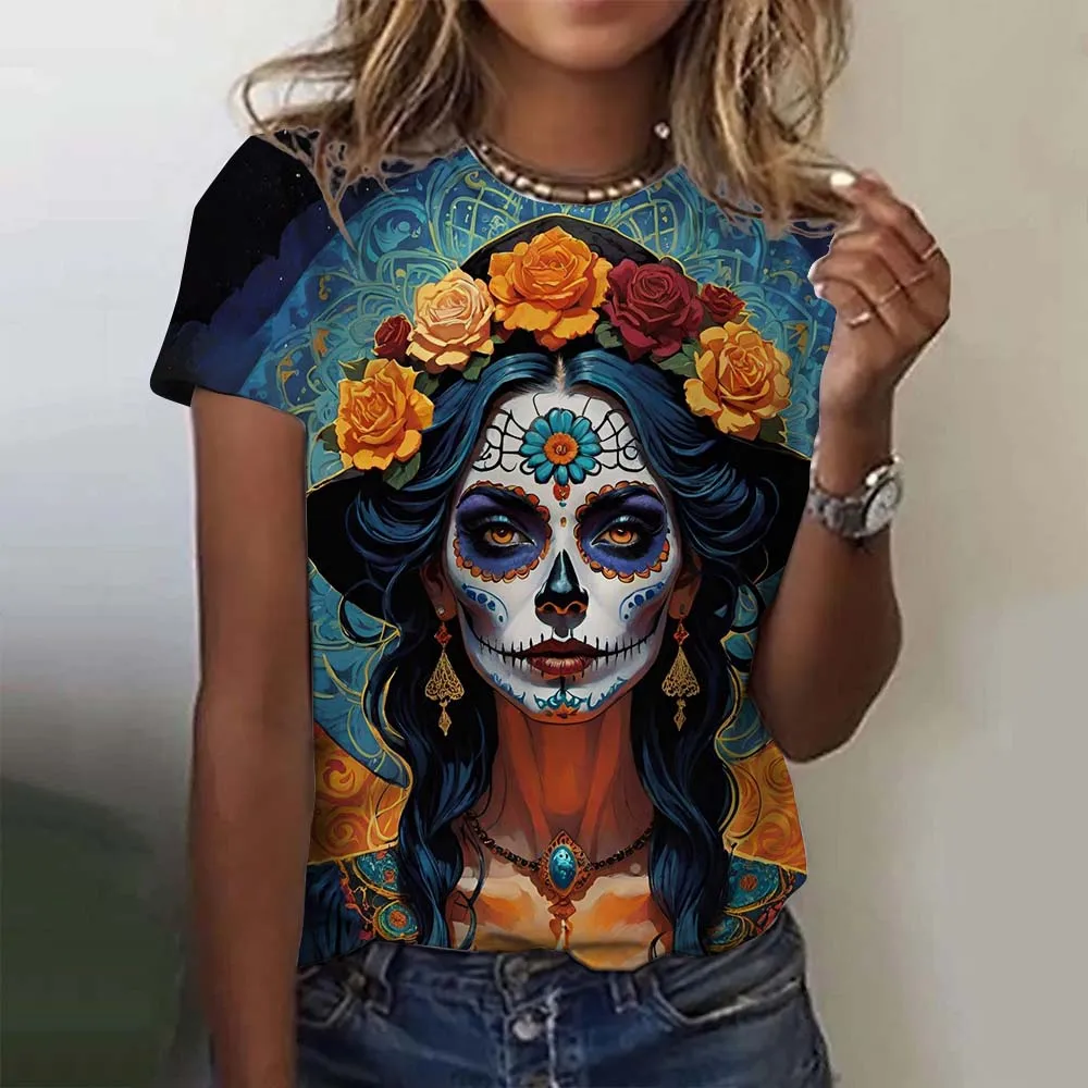 Fashion Women\'s T-shirt for Girls Summer Short Sleeve Casual Sexy Girls Clothes Horror Undead Skull Pattern oversized T-shirts