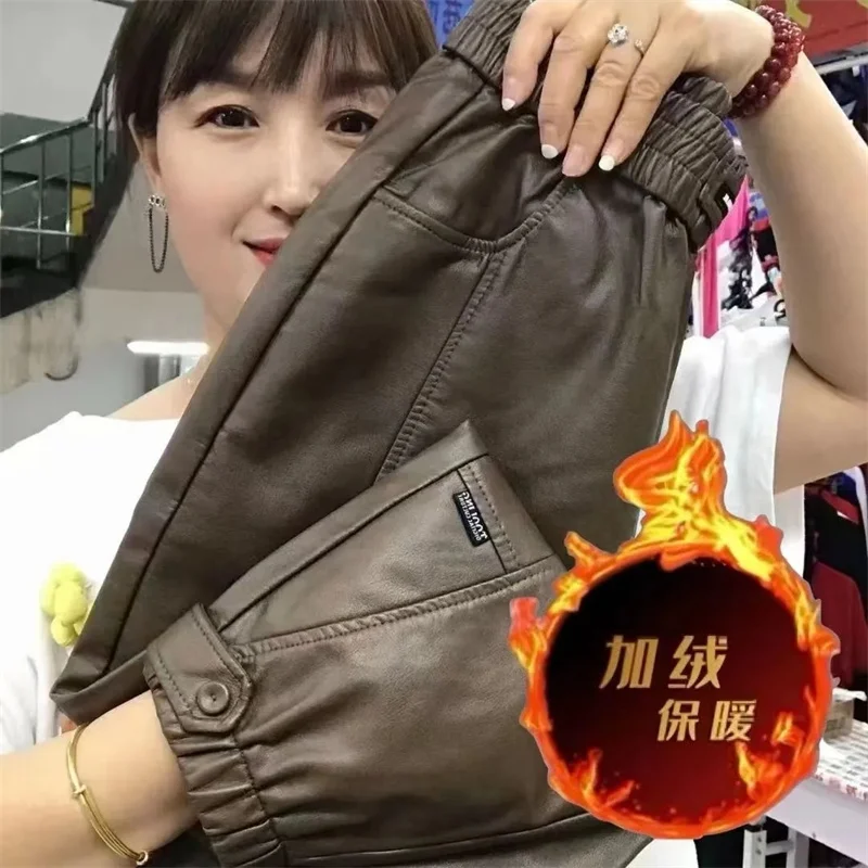 الخريف الشتاء سيدة الموضة بولي Leather السراويل الجلدية 2025 فام عالية الخصر الجلود Pantalons الرجعية النساء حجم كبير 4XL هارون السراويل