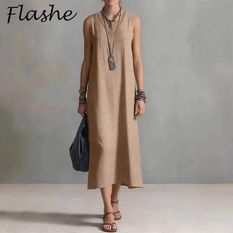 

Summer Casual Women V Neck Cotton Linen Dress Plus Size Women Sleeveless Loose Long Dress Women Beach Holiday Maxi Dresses Boho