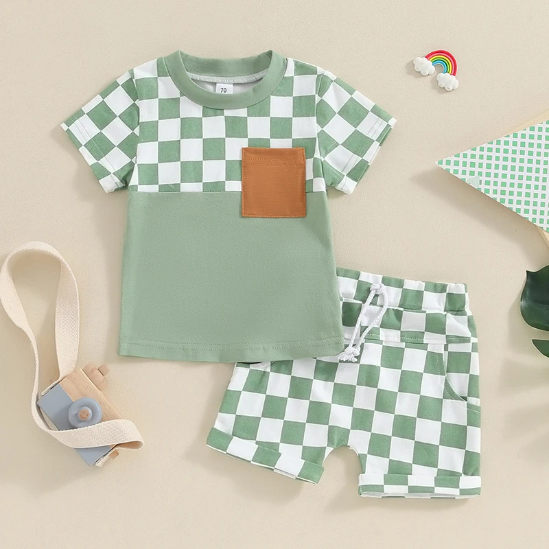 

BeQeuewll Toddler Boy Summer Clothes Checkerboard Print Short Sleeve T-Shirt with Elastic Waist Shorts 2Pcs Outfit For 0-4 Years