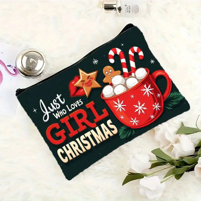 Festive Christmas Theme Flat Cosmetic PouchJust Who Loves Girl Christmas Featuring Hot Portable Makeup Organizer for Women