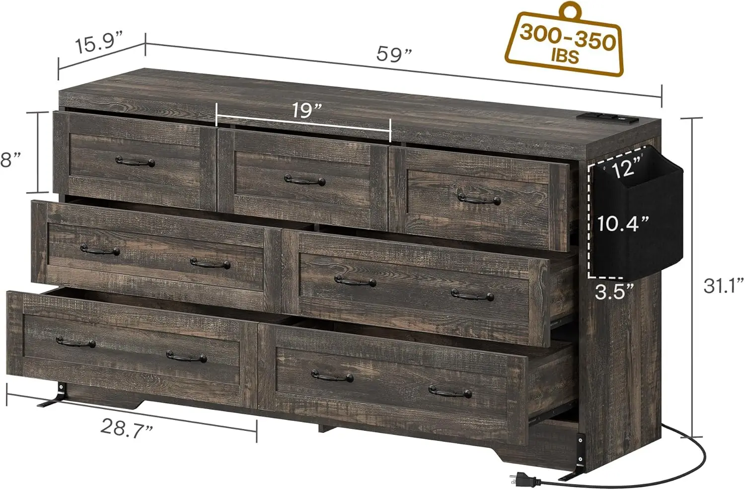 Dwvo Large Buffet Sideboard Cabinet With 7 Drawers Power Outlets, Dressers Buffet Table Coffee Bar Wine Bar Storage Cabinet