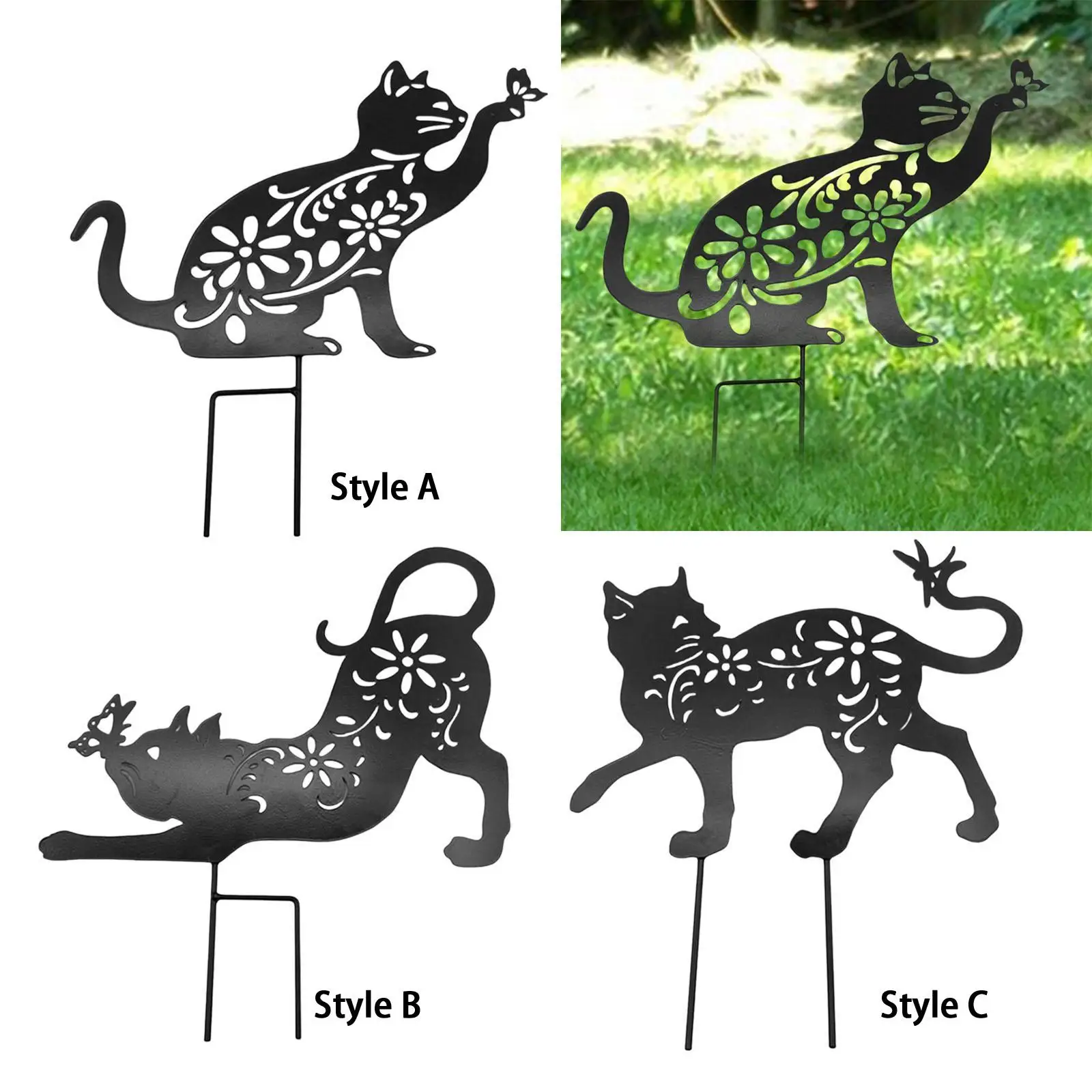 Cat Garden Silhouette Stake Decorative Iron Statue Outdoor Animal Yard Art Lawn Sculpture Ornament Weatherproof for Front Yard